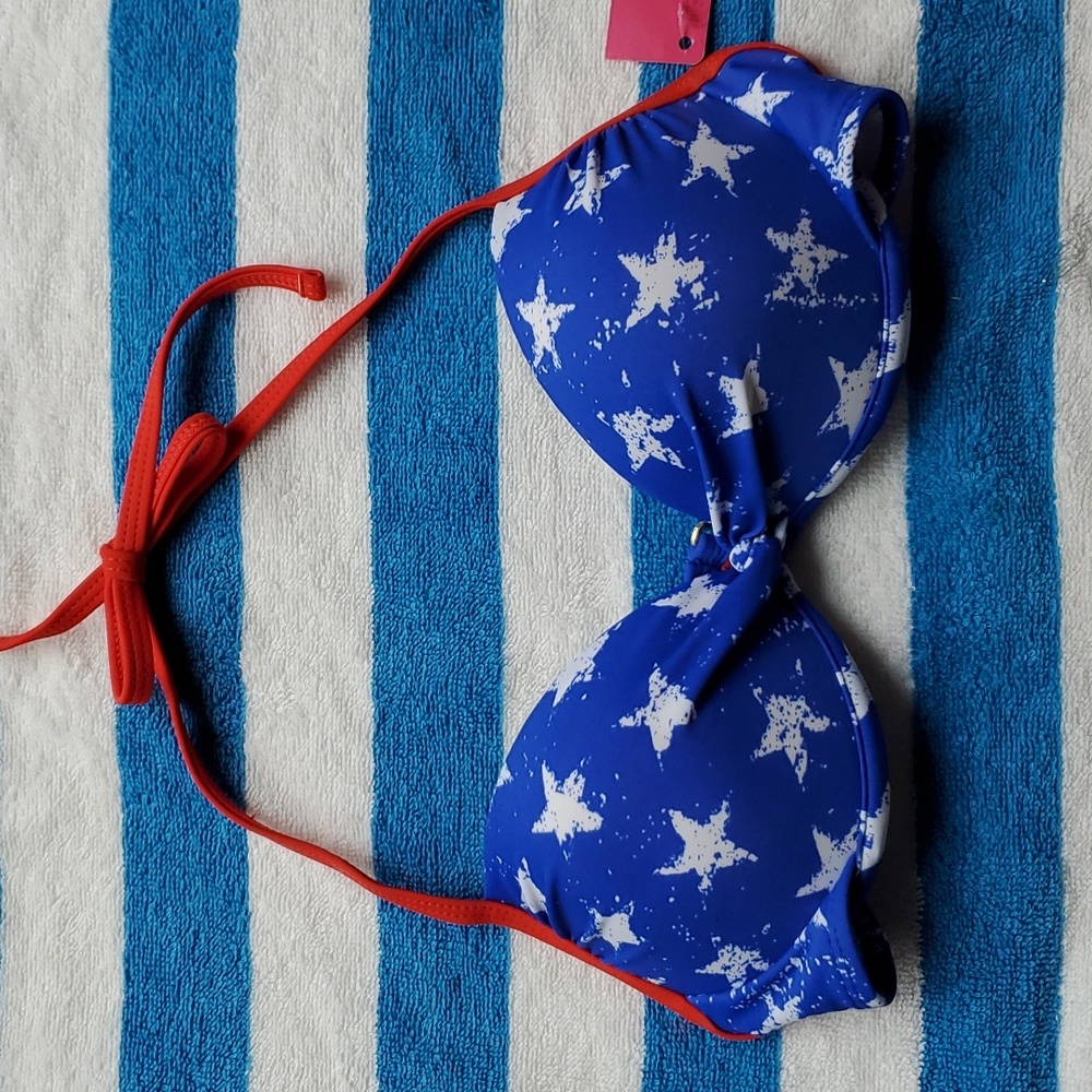 Xhilaration Blue Star Print Bikini Top with Red Straps